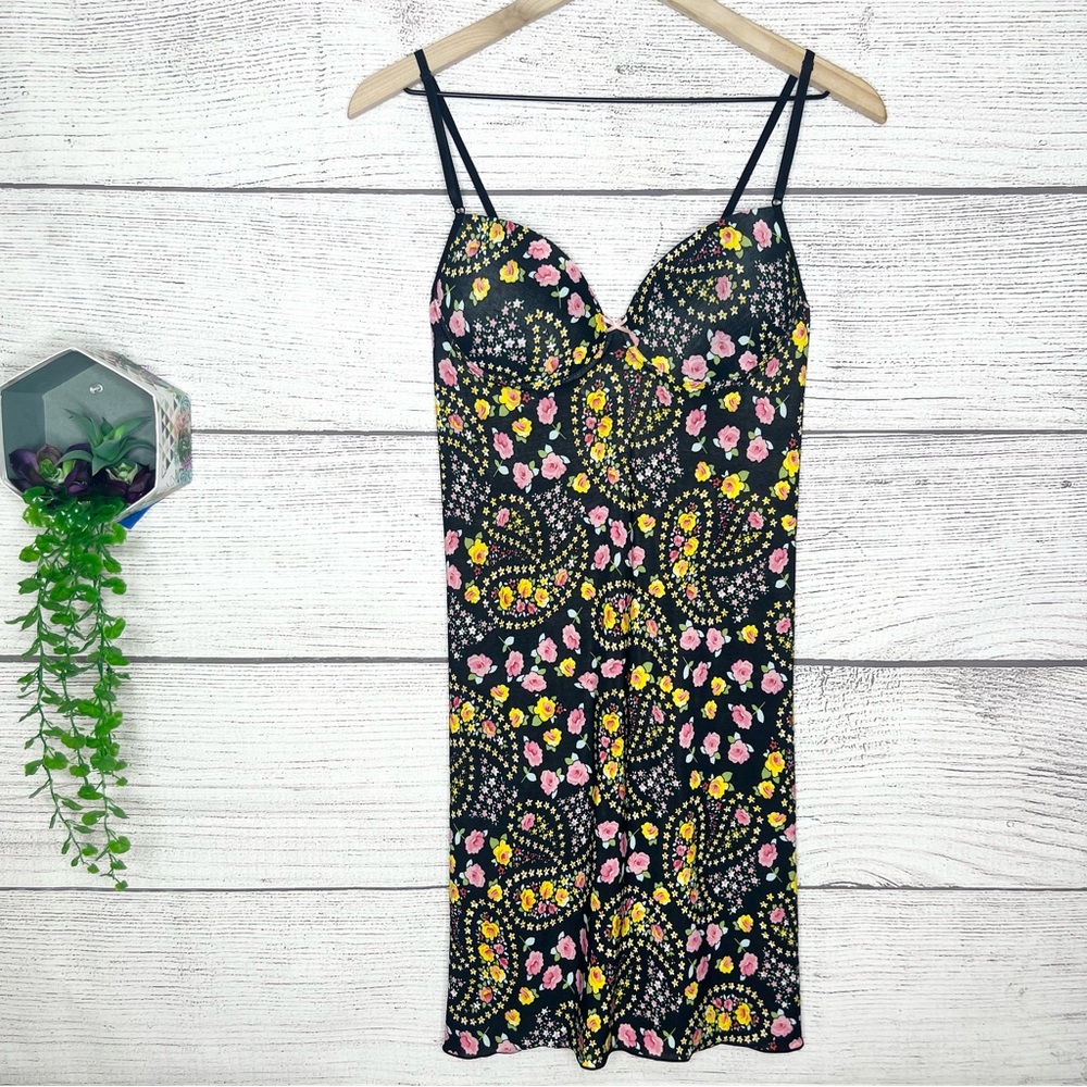 Paty Moda Intima Black Pink & Yellow Floral Paisley Bra Top Nightgown Size Large